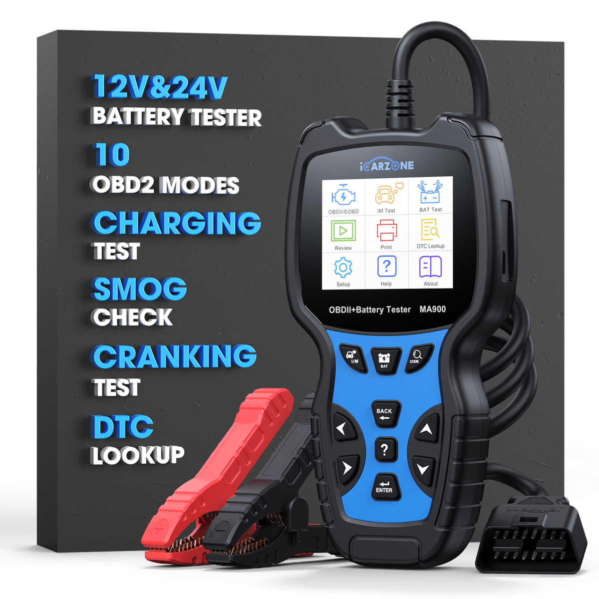 ICARZONE MA900 Battery Tester + OBD2 Scanner 2 in 1, 12V 24V 100-2000CCA Accurate & Instant Battery Health Diagnostic Tool with OBFCM Test I/M Test, Charging & Cranking Analyzer for Car, Motorcycle