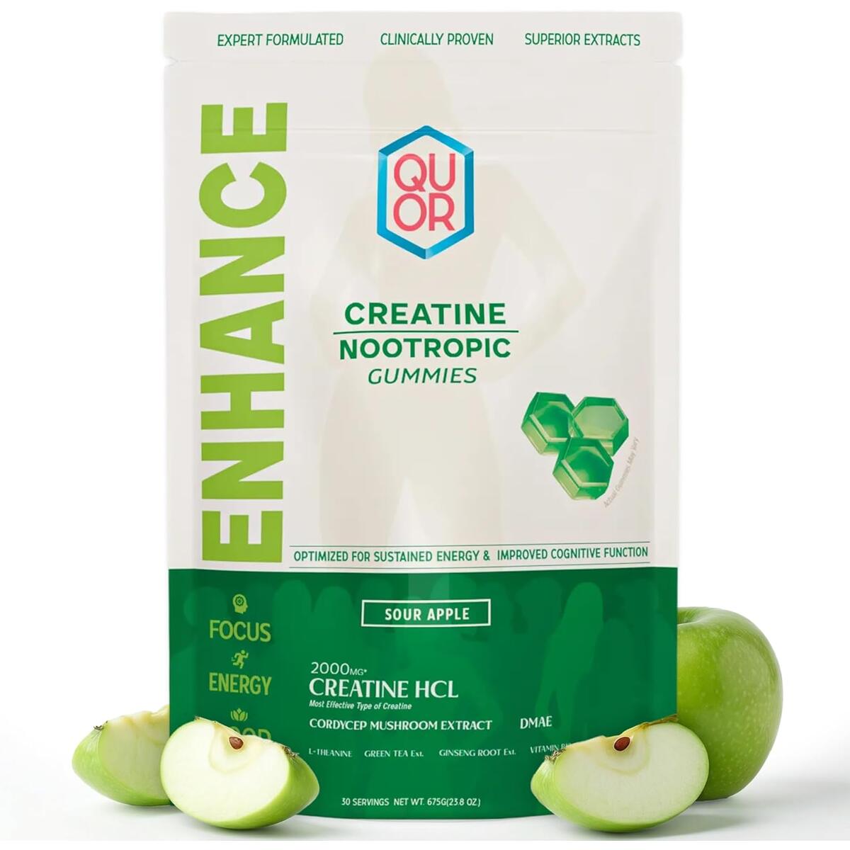Enhance Creatine HCl Gummies | Vegan Nootropic Stack for Men & Women with Cordyceps, L-Theanine & Vitamin B12 | Supports Sustained Energy, Cognitive Function (150 Gummies, Sour Apple)
