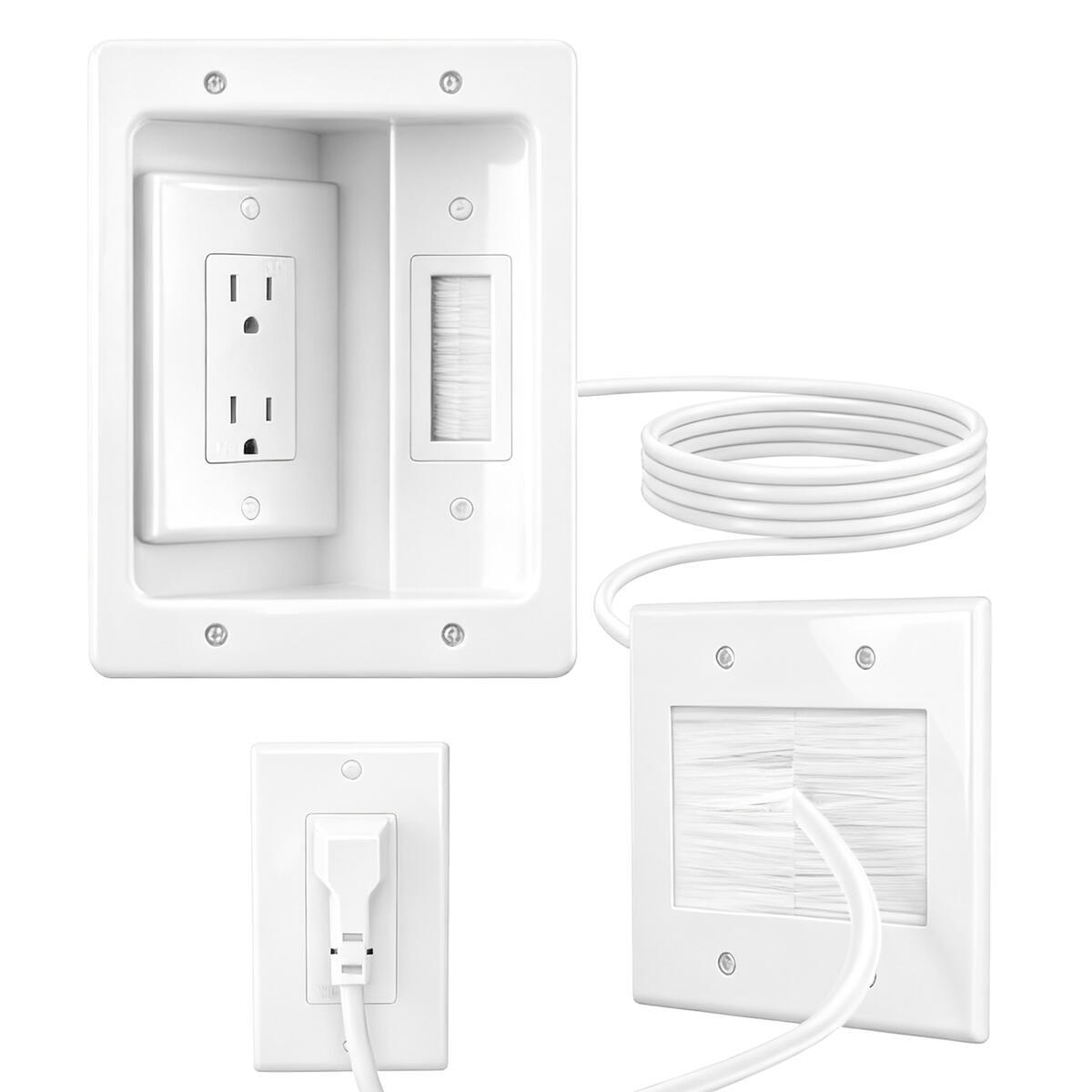 (Buy only from Naerza USA ) in Wall Cable Management Kit with Recessed Tv Outlet Box-Two-Hole Socket, 9ft Cord,Tv Cable Hider Wall Kit Hider Box Fits All Plugs, Easy, Safe Cable Management
