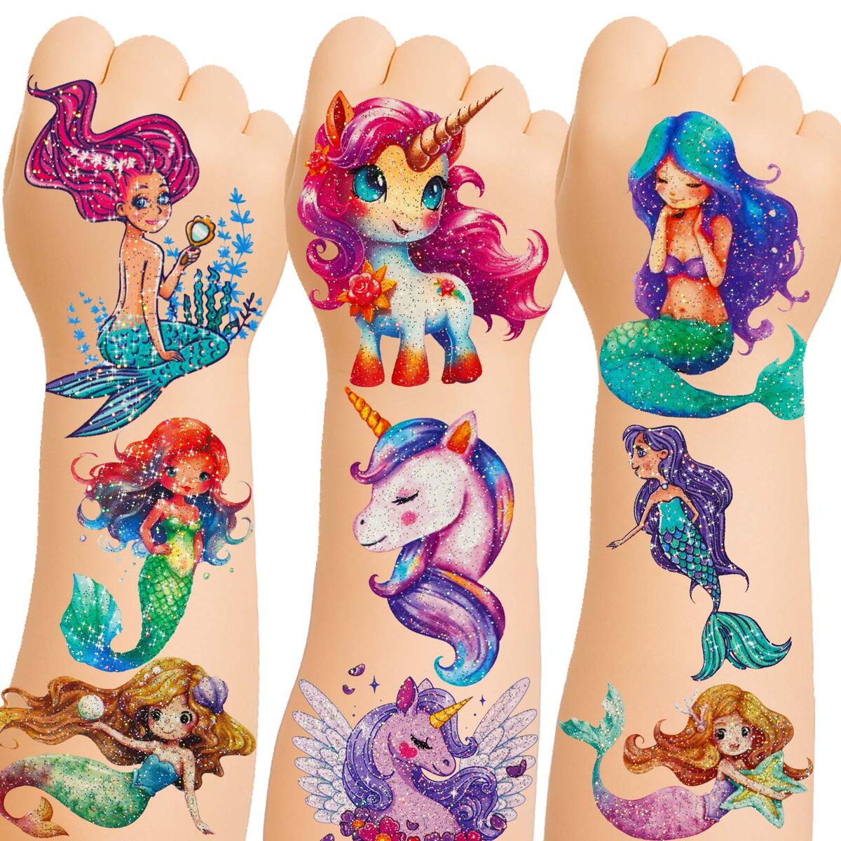 150+ Kids Glitter Temporary Tattoos for Girls &ndash; Individually Wrapped Party Favors, Waterproof Tattoo Stickers &ndash; Mermaid, Unicorn, Fairy, Butterfly Birthday Pinata Stuffers