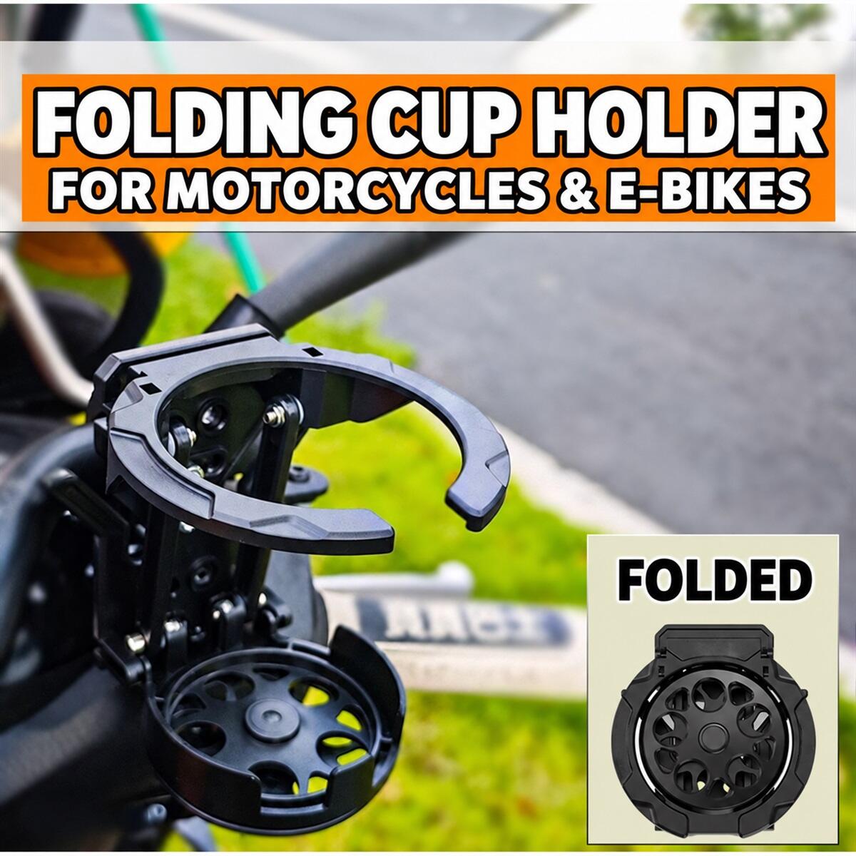 Folding Bike Cup Holder for 18&ndash;32 mm Handlebar Tubes, Black ABS Drink Mount with Dual Hooks, Upper or Lower Clamp Position, for Compatible Bicycles, E-Bikes, Motorcycles and Scooters, Mounting Hardware Included