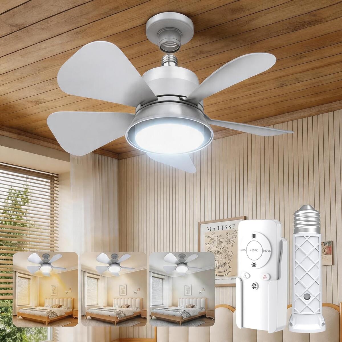 Socket Fan Light with Remote, 3-Color LED, 5 Dimming Levels, E26/E27 Base
