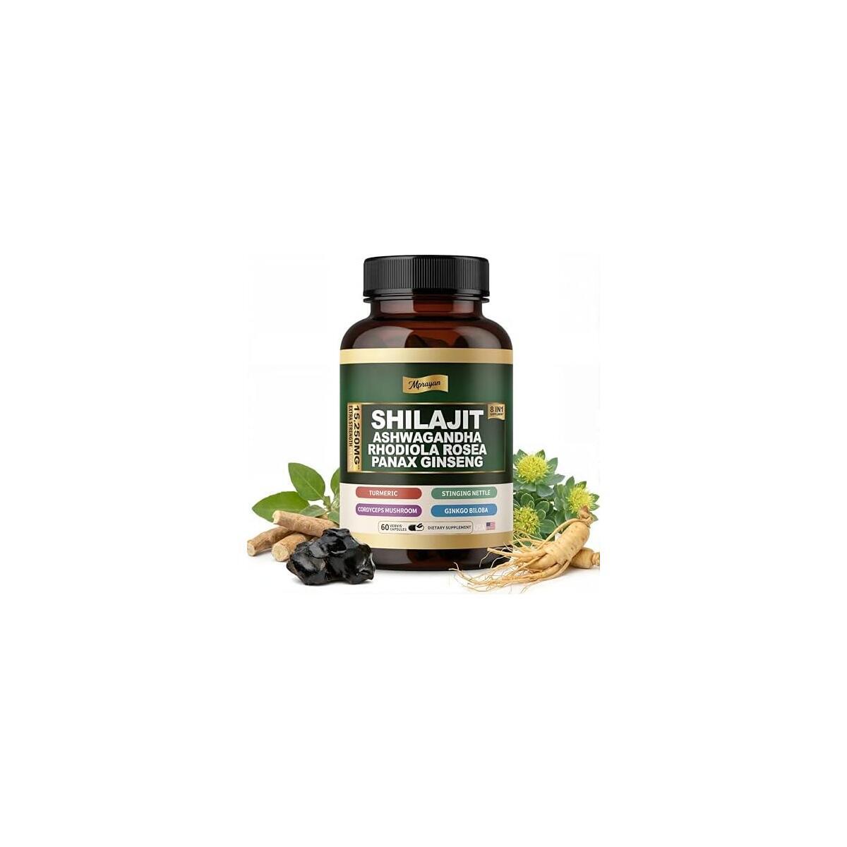 MPRAYAN Shilajit Ashwagandha Capsules &ndash; 8-in-1 Adaptogen Complex Supplement  &ndash; 60 Capsules