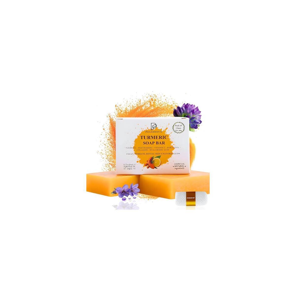 Turmeric Soap Bar for Face & Body - Turmeric Soap with Bakuchiol, Niacinamide, Hyaluronic Acid to Improve Skin Texture, Radiance & Smoothness-face wash bar for Acne-Prone, Sun-Exposed Skin (Pack of 2)