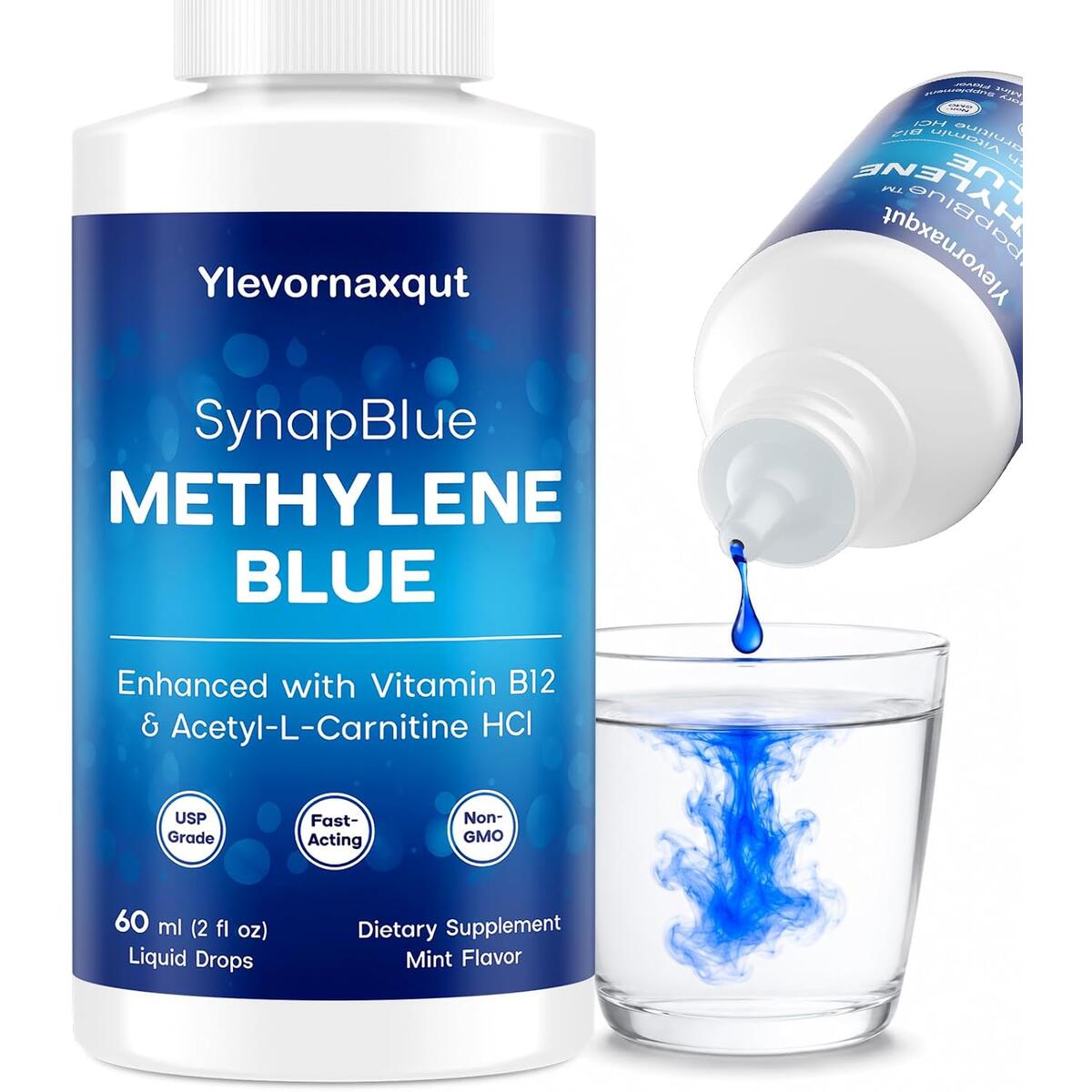 Methylene Blue Drops for Human, 1% USP Grade with ALCAR, Caffeine&ndash;Free, 2oz Methylene Blue, Touch&ndash;Free Dropperless Bottle, Mint Flavor, Portable, Shatter-Resistant, Hygienic, and Won't Make a Mess