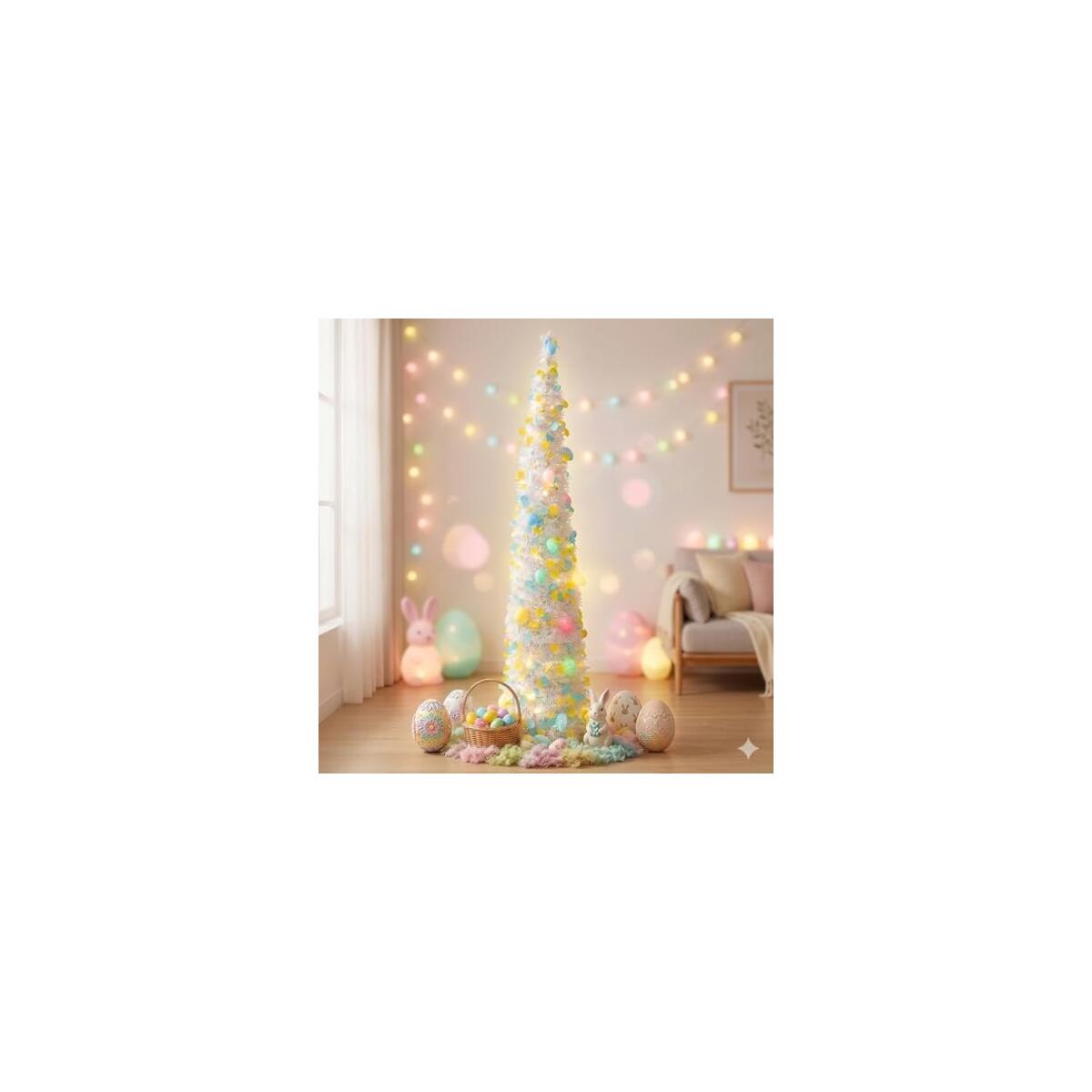Easter Egg Tree, 5Ft Lighted Easter Tree with 40 LED Colored Lights 20 Colorful Eggs Ornaments Battery Operated Pop Up Tinsel Collapsible Tree for Home Porch Office Party Decor Spring Decor
