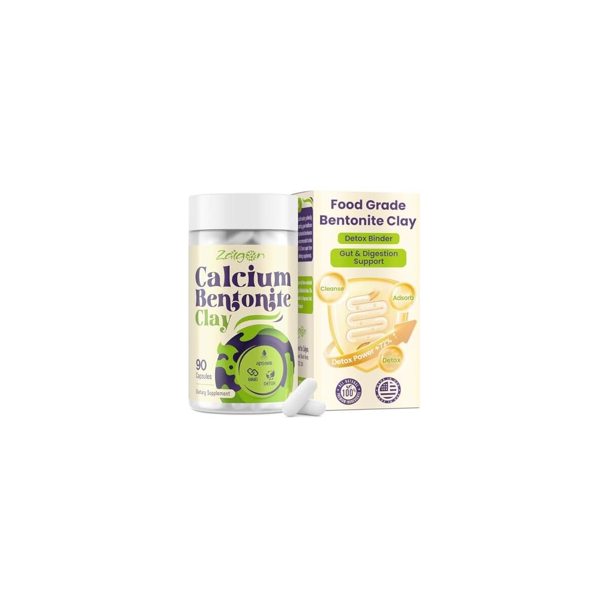 Calcium Bentonite Clay Detox Capsules | Colon Cleanse & Gut Health Supplements | Food Grade Clay 1600mg Binds Mold, Heavy Metals | Daily Gentle Detox for Women & Men, Clean Label - 90 Capsules