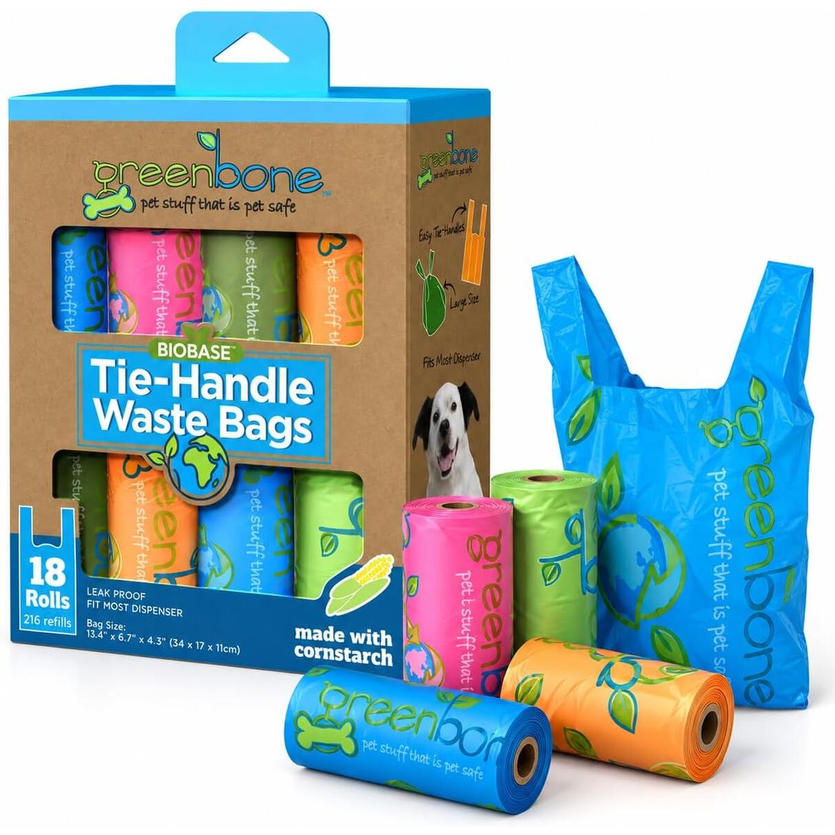 Greenbone Earth Friendly Cat or Dog Poop Bags with Handles Tie, 18 Dispenser Rolls