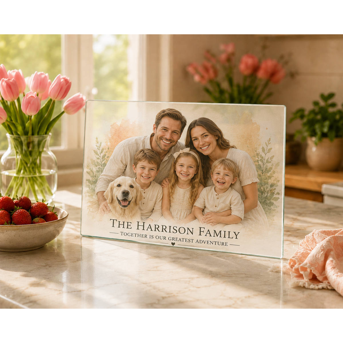 Personalized Family Portrait Glass Cutting Board, Custom Family Photo Anniversary, Housewarming Wedding Gift, Family Memorial, Kitchen Decor