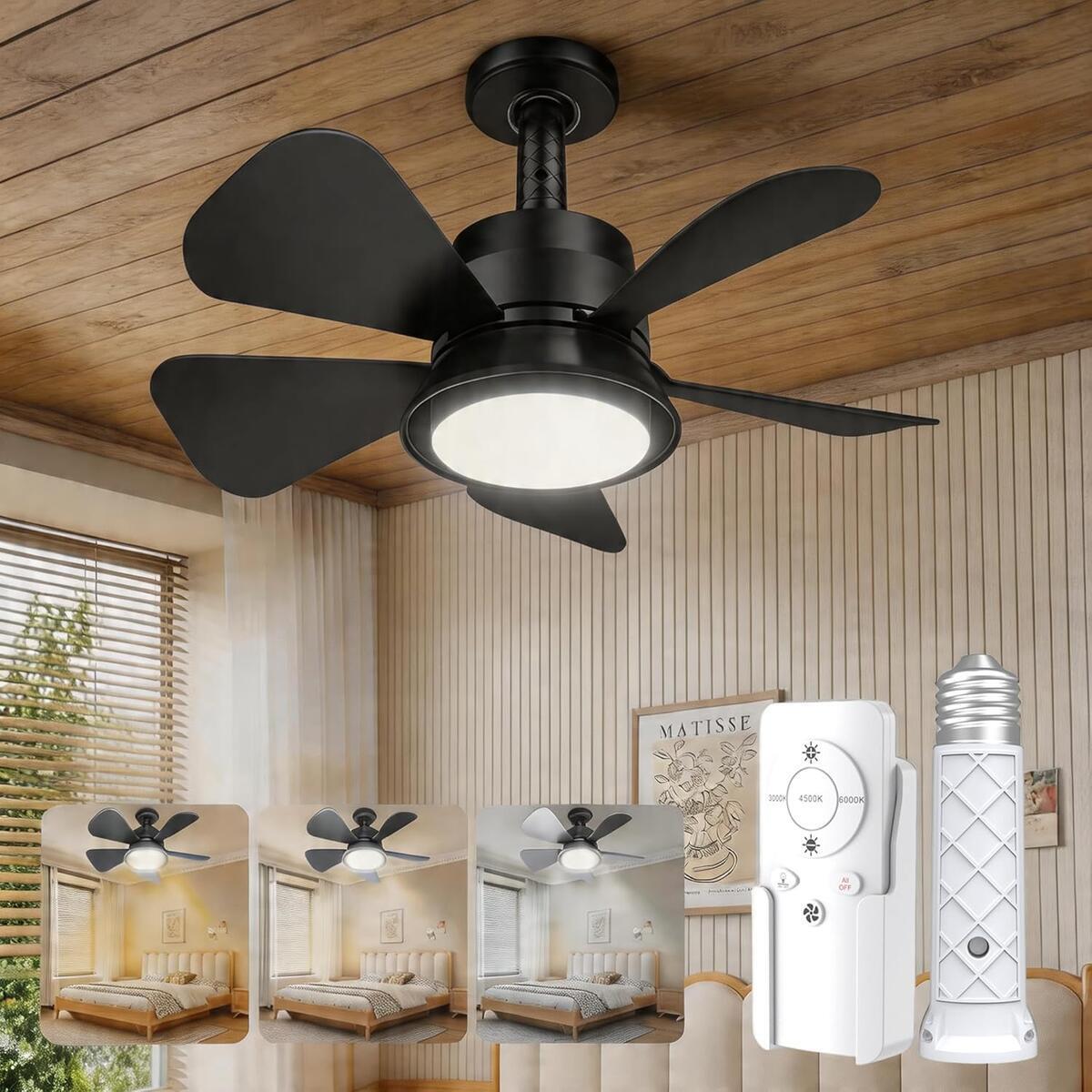 Black Socket Fan Light with Remote, 3-Color LED, 5 Dimming Levels, E26/E27 Base