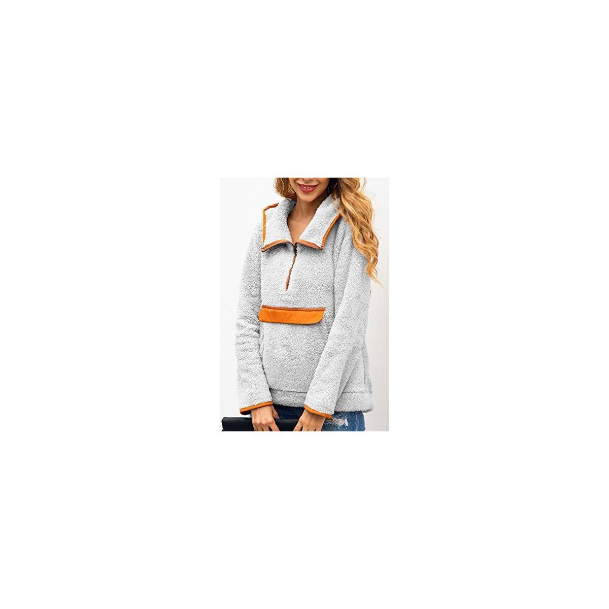 GRMO Women Soft Teddy Fleece Hooded Plush Long Sleeve Zip-up Sweatshirt Jacket Coat
