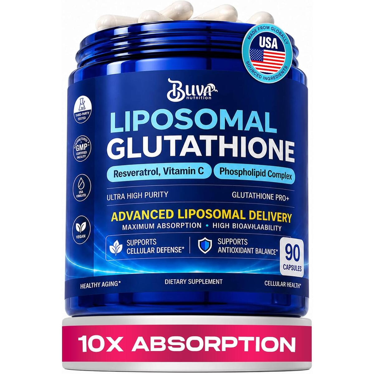 Liposomal Glutathione Supplement - 1000mg L Glutathione - 90 Capsules | Highest Absorption with Phospholipid Complex, Resveratrol & Vitamin C