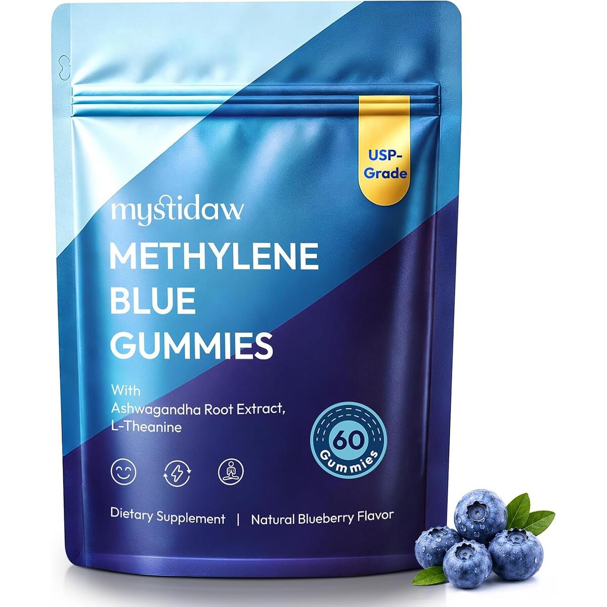 Methylene Blue Gummies for Humans | Brain & Focus Supplement with Ashwagandha & L-Theanine | Energy, Mood & Stress | Vitamin D3, B6, B12 | Naturally Flavored, Sugar Free, 60 Counts
