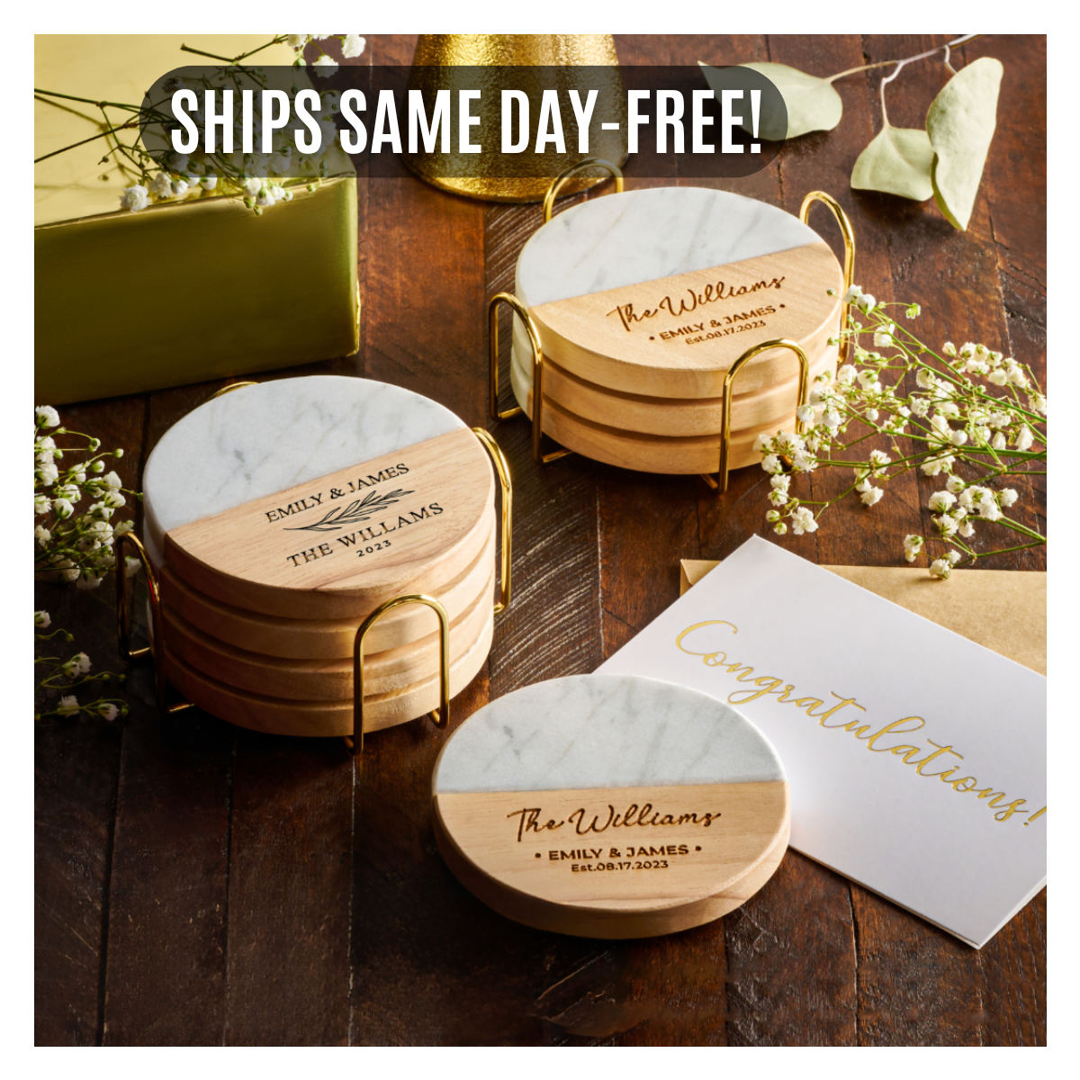 Personalized Wedding Gift, Coaster Set for Couples, Custom Wood Anniversary Christmas Gift for Her, Engagement, Bridal Shower, New Home