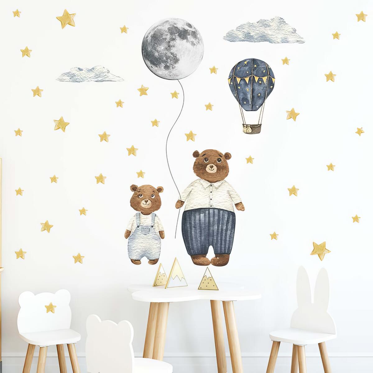 Ollaland Papa & Baby Bear Nursery Wall Decal - Watercolor Peel and Stick Bears, Hot Air Balloon, Stars, Full Moon, Clouds Wall Stickers for Boys Room - Decor for Baby, Toddler & Kids Bedroom Walls