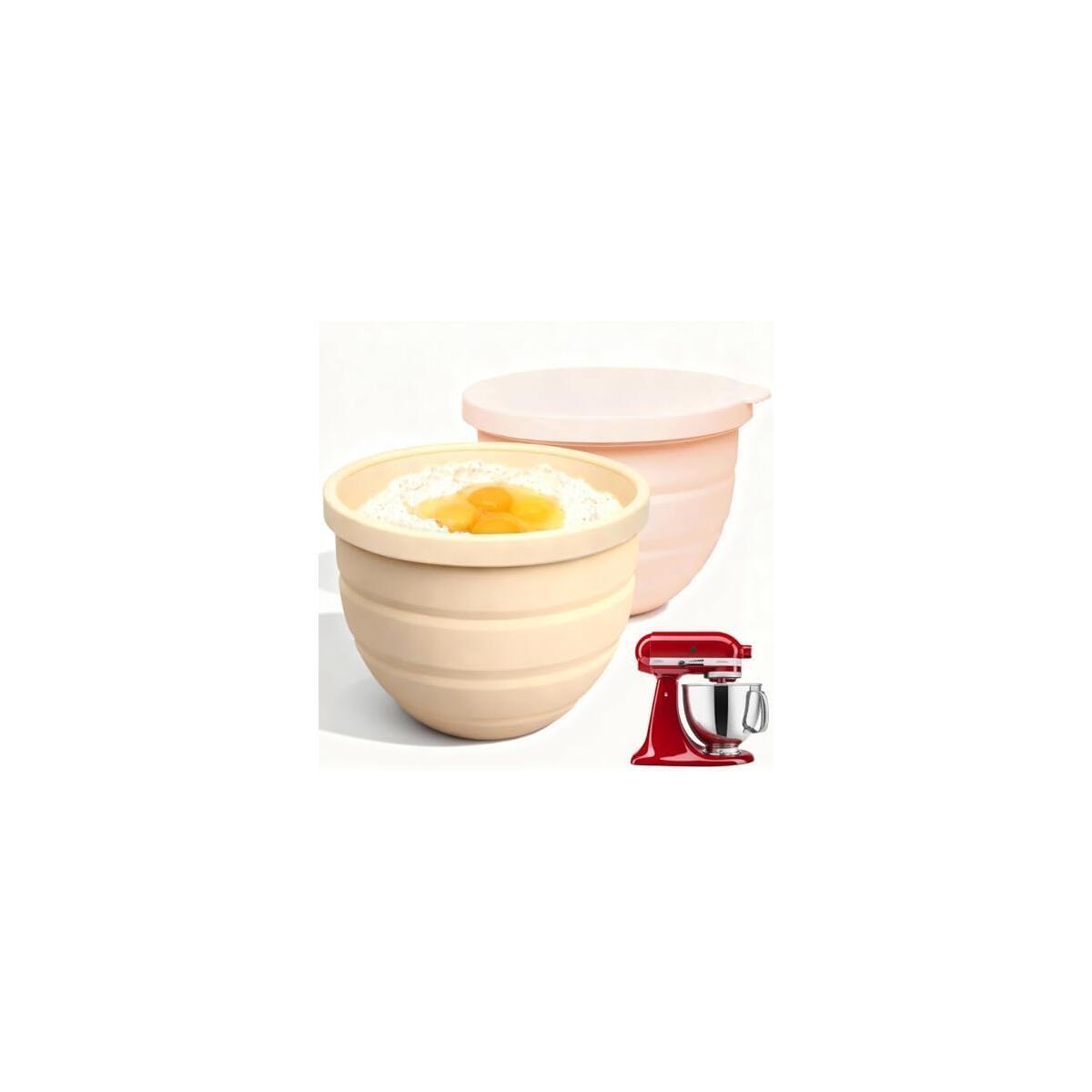 (Buy only from Naerza USA ) Silicone Bowl Insert for Kitchen Aid 5 Qt Tilt-Head - Patented Design Bowl Liner, 2pack with Lids, Resistant to collapse Thicker Bowl Insert, Foldable, Heat/Cold Resistant (Beige*Pink)
