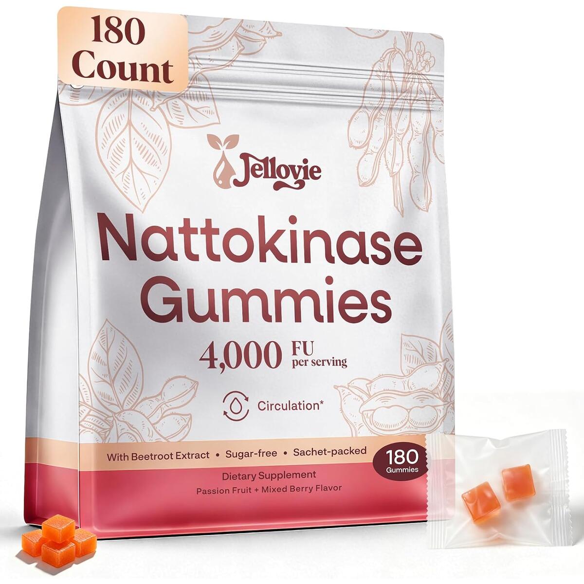 Nattokinase 4000 FU Gummies with Beetroot, Individually Wrapped, 180 Count Nitric Oxide Beetroot Supplement, Cardiovascular, Circulatory & Antioxidant Support, Sugar-Free