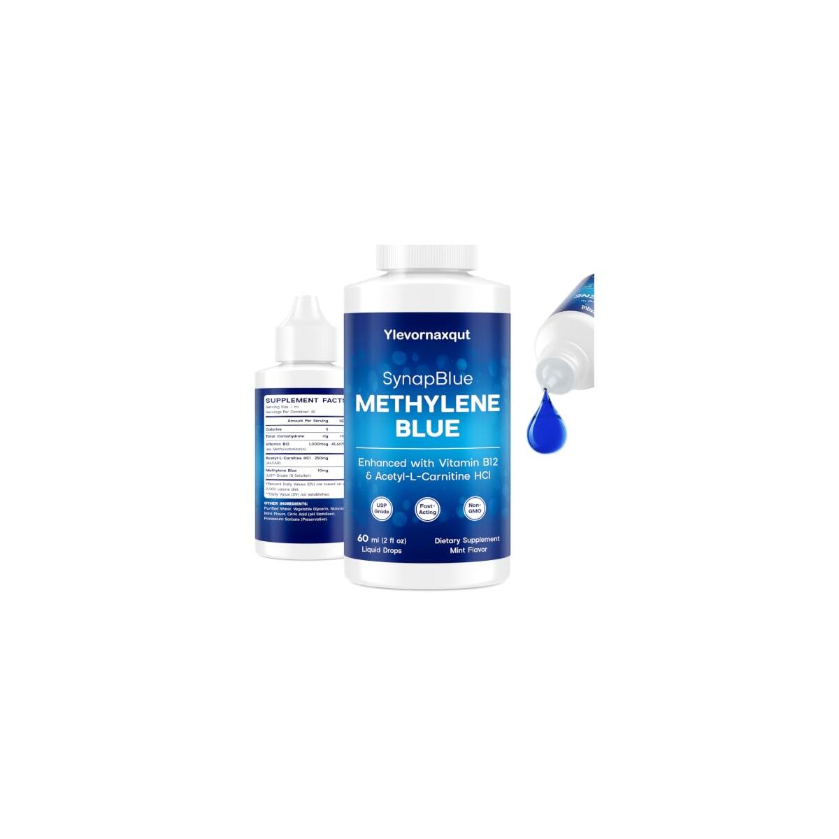 Methylene Blue Drops for Humans, 1% USP Grade, Touch&ndash;Free Dropperless Bottle, with ALCAR, Caffeine&ndash;Free, Mint Flavor, 2oz