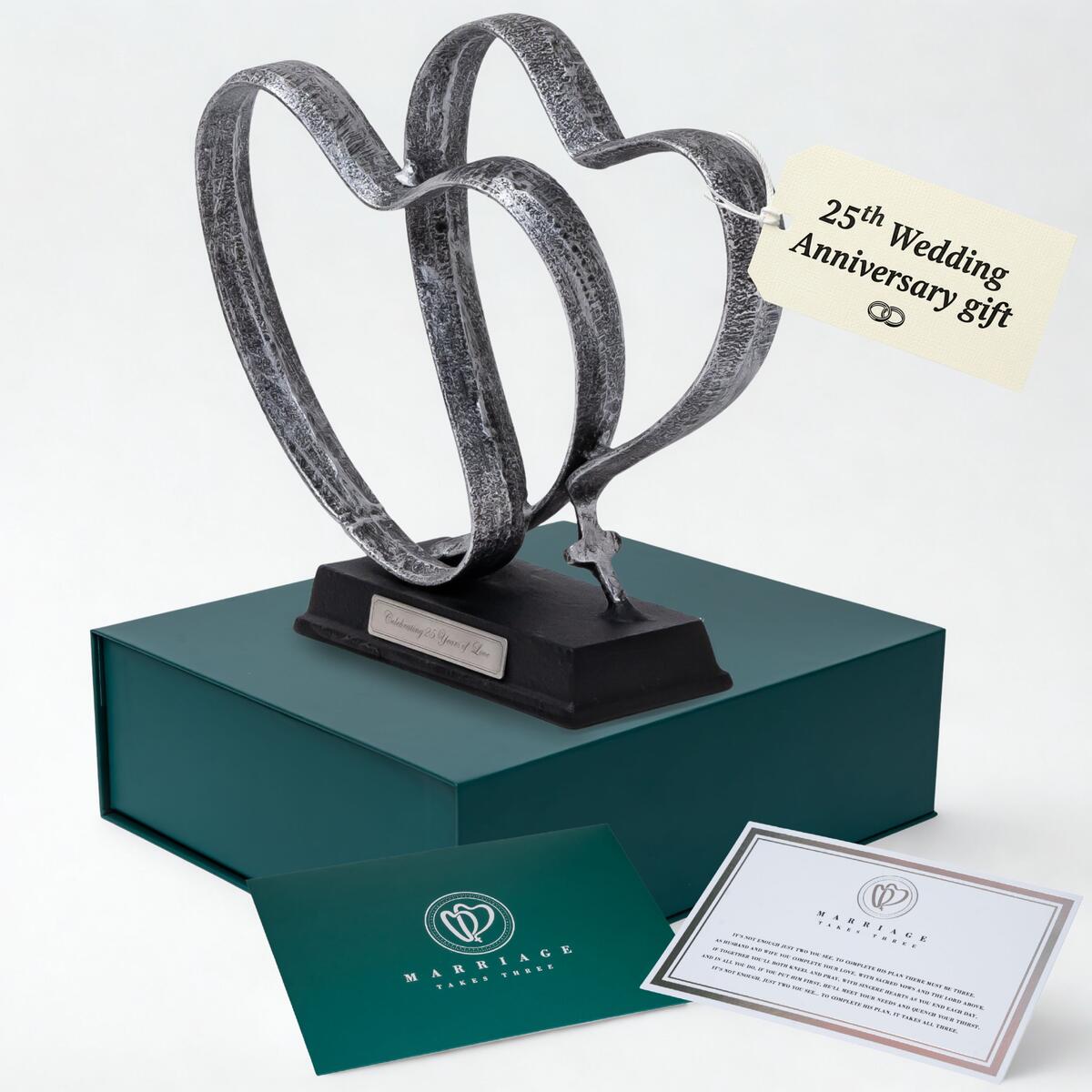25th Wedding Anniversary Gift – Two Hearts & Cross Keepsake - Ready-to-Gift Includes Gift Box, Poem Card, and Engraved Plaque