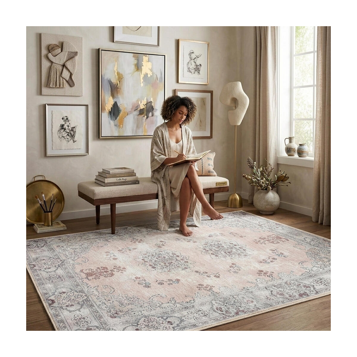 Lite Pink Oushak Area Rug, Vintage Floral Turkish Carpet, Washable Low Pile Home Decor /2'x3' (60x90 cm)