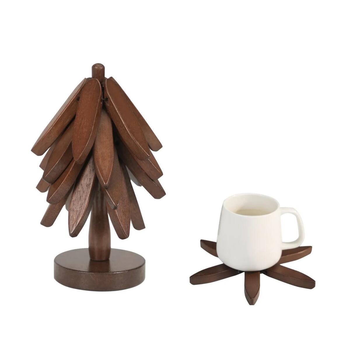 Wooden Trivets for Hot Dishes - Trivet Tree, Tree Coasters, Decorative Shape Set, 4 Coasters + 1 Stand, Walnut Foldable Hot Plate Holder for Pots, Pans, Bowls, Teapots