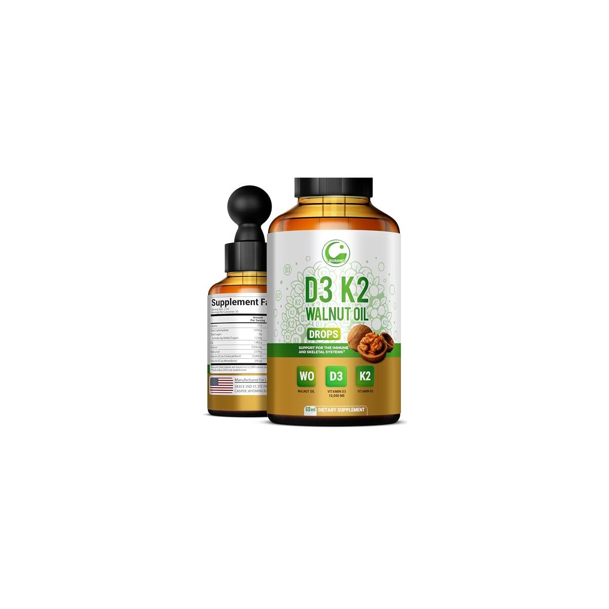 LEGRANO Vitamin D3 K2 Drops with Walnut Oil – High Potency Liquid Vitamin D 10000 IU & MK7 200 mcg – D3 K2 Vitamin 10000 IU Supplement for Bone, Muscle & Immune Support – Non-GMO, 2 fl oz (60 ml)