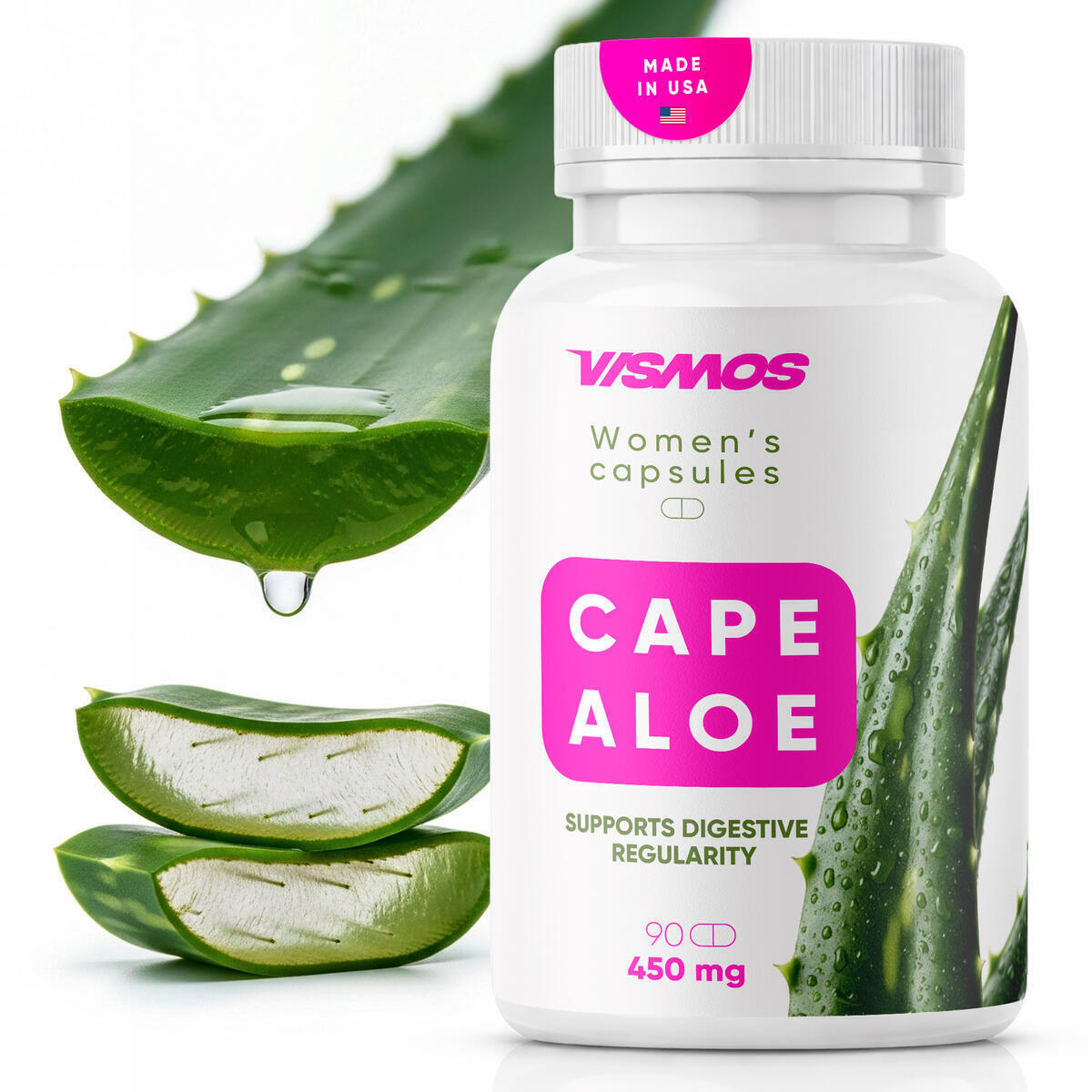 VISMOS Premium Cape Aloe Vera Capsules for Women – Natural Laxative & Daily Detox Cleanse for Gentle Constipation Relief & Gut Health Support – 450mg Aloe Ferox Leaf Powder – 90 Capsules