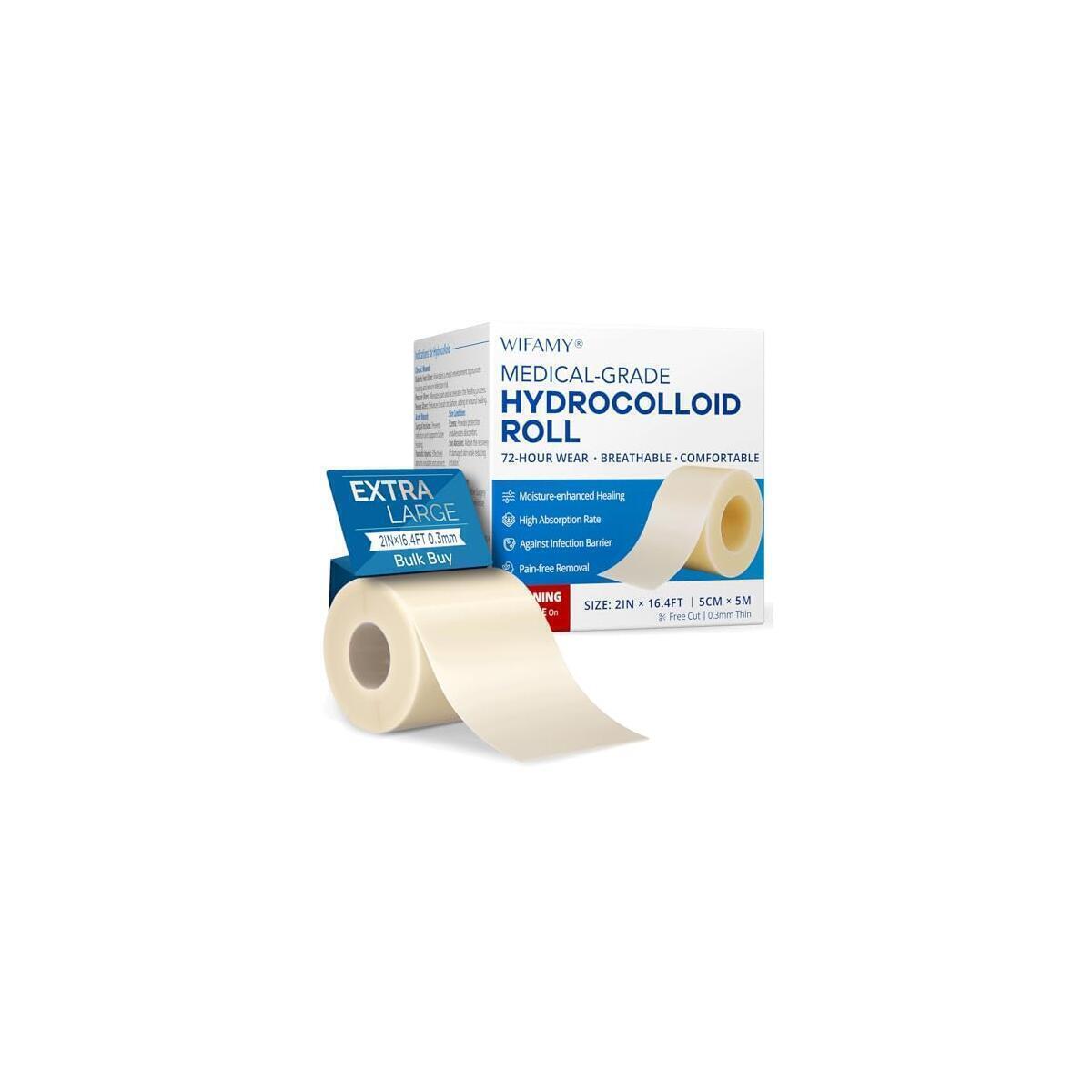WIFAMY Hydrocolloid Roll for Wound Care: Extra Large 2IN*16.4FT Medical Grade Hydrocolloid Bandages with Self-Adhesive Cut-to-Size Pimple Patch Roll Ultra Absorbent Waterproof First Aid Kit Essential