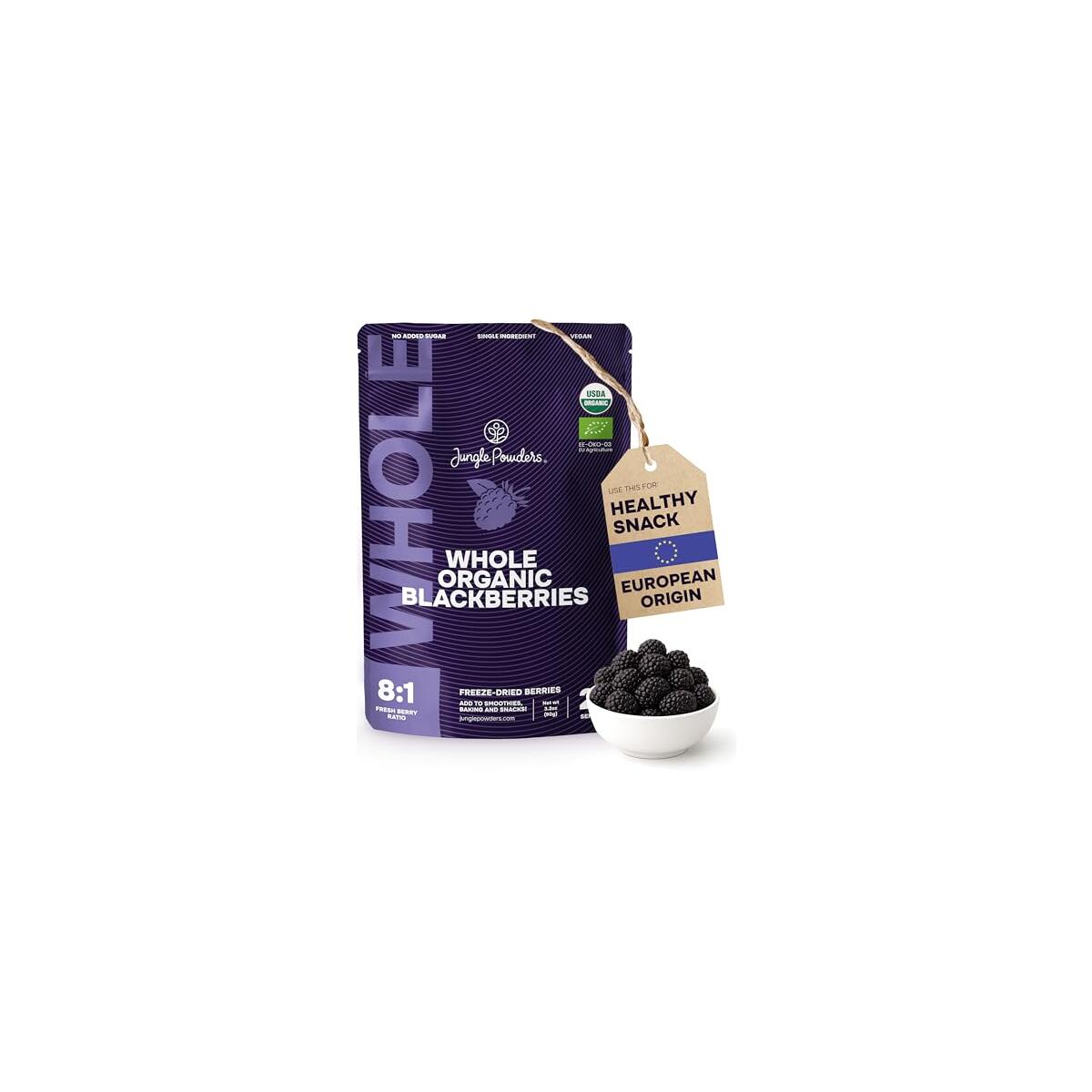 Organic Whole Blackberries Fresh Freeze Dried Fruit 3.2 Ounce Bag - No Sugar Added Dehydrated Whole Blackberries Snack - Organic Blackberry Powder for Smoothies, Baking, Yogurt, Cereal and Desserts