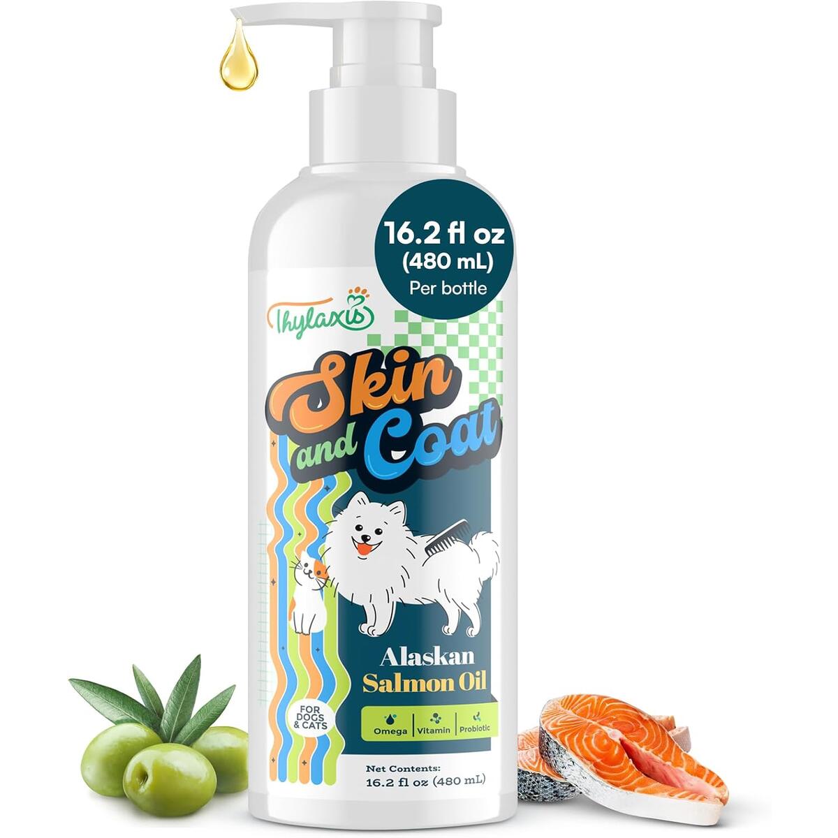 Fish Oil for Dogs, Salmon Oil for Cats & Dogs with Omega 3 Omega 3 & 6 & 9 for Cats & Dogs, Probiotics, Supports Itchy Skin, Shedding, Dry Coat, Gut Health & Immune System-16.2fl oz