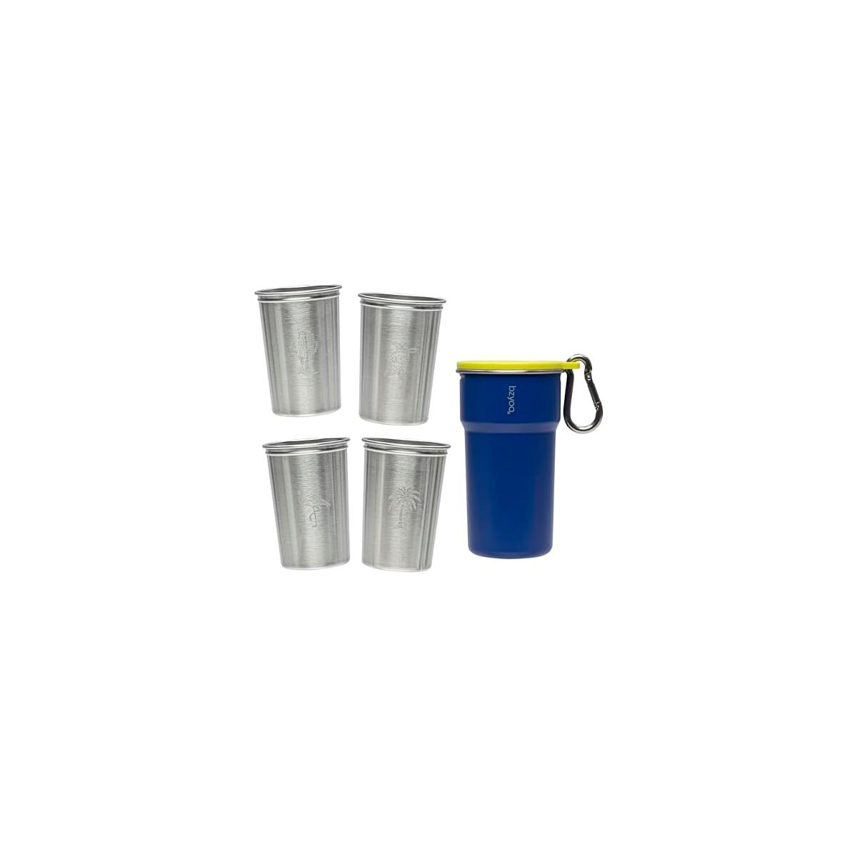 bzyoo 5-Piece Nesting Camping Cups Set - 9oz Stackable Stainless Steel Mugs with Patterned Designs & Integrated Carry Hook, Space-Saving Portable Outdoor Mess Kit for Family Hiking, Backpacking & RV