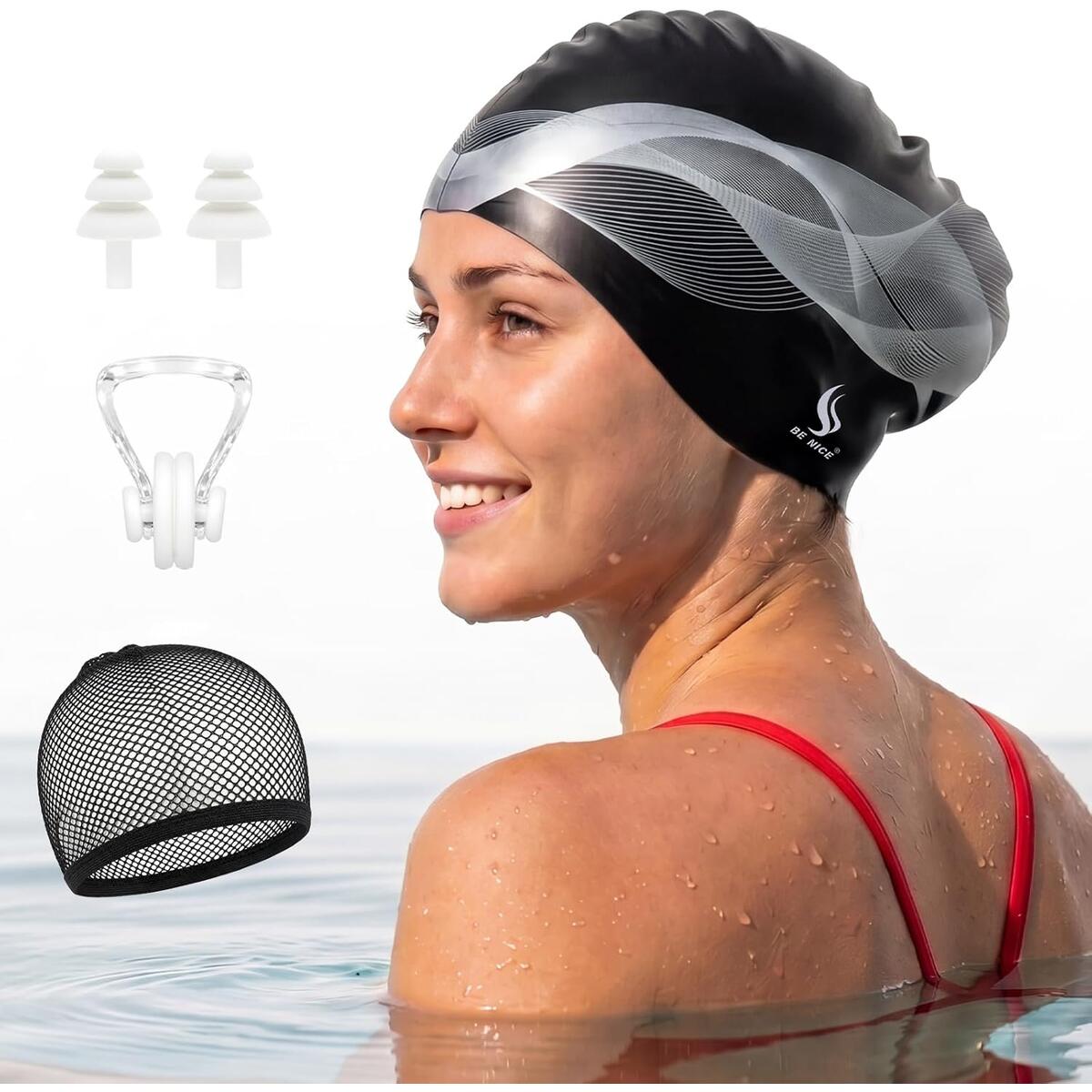 BENICE Silicone Swim Cap for Long Hair - X-Large Waterproof Swim Hat for Men Women Adults, Dreadlocks, Braids, Curls & Afros, Black