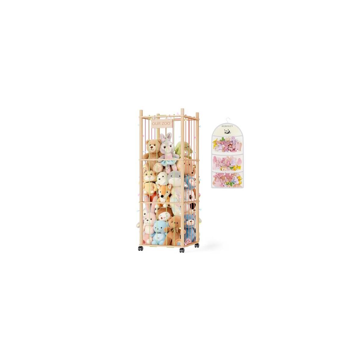 Stuffed Animal Storage & Organizer - Wooden Stuffed Animal Holder - 53.6" Stuffed Animal Zoo with Thicker Bands - Large Capacity Stuffy Storage for Playroom/Living Room/Nursery Room/Bedroom