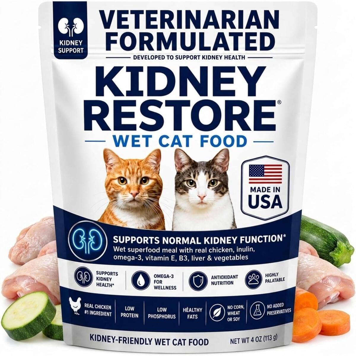 Non-Prescription Renal Cat Food Wet &ndash; Unique Kidney Cat Food for Renal Support - Low Phosphorus Kidney Care Feline, Fresh Made Support for Cats, USA Made Human Grade Cats Meal - 4 Ounce