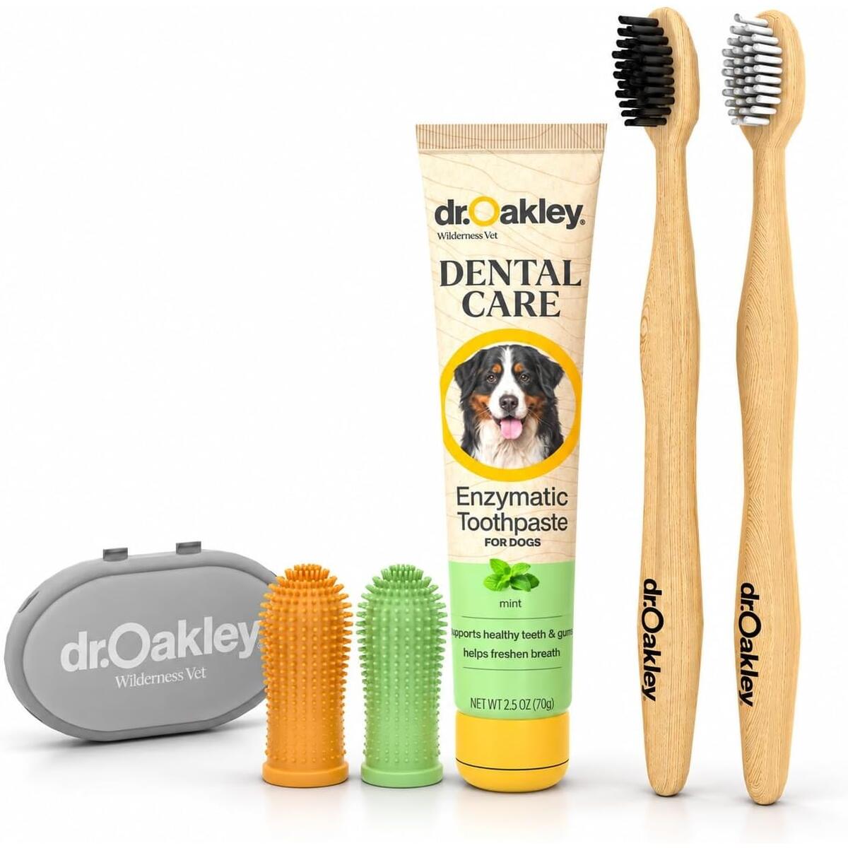 Dr. Oakley Dental Toothbrush Kit for Dogs Finger Brush for Small Pets and Soft Brushes for Large or Older Mint Flavor