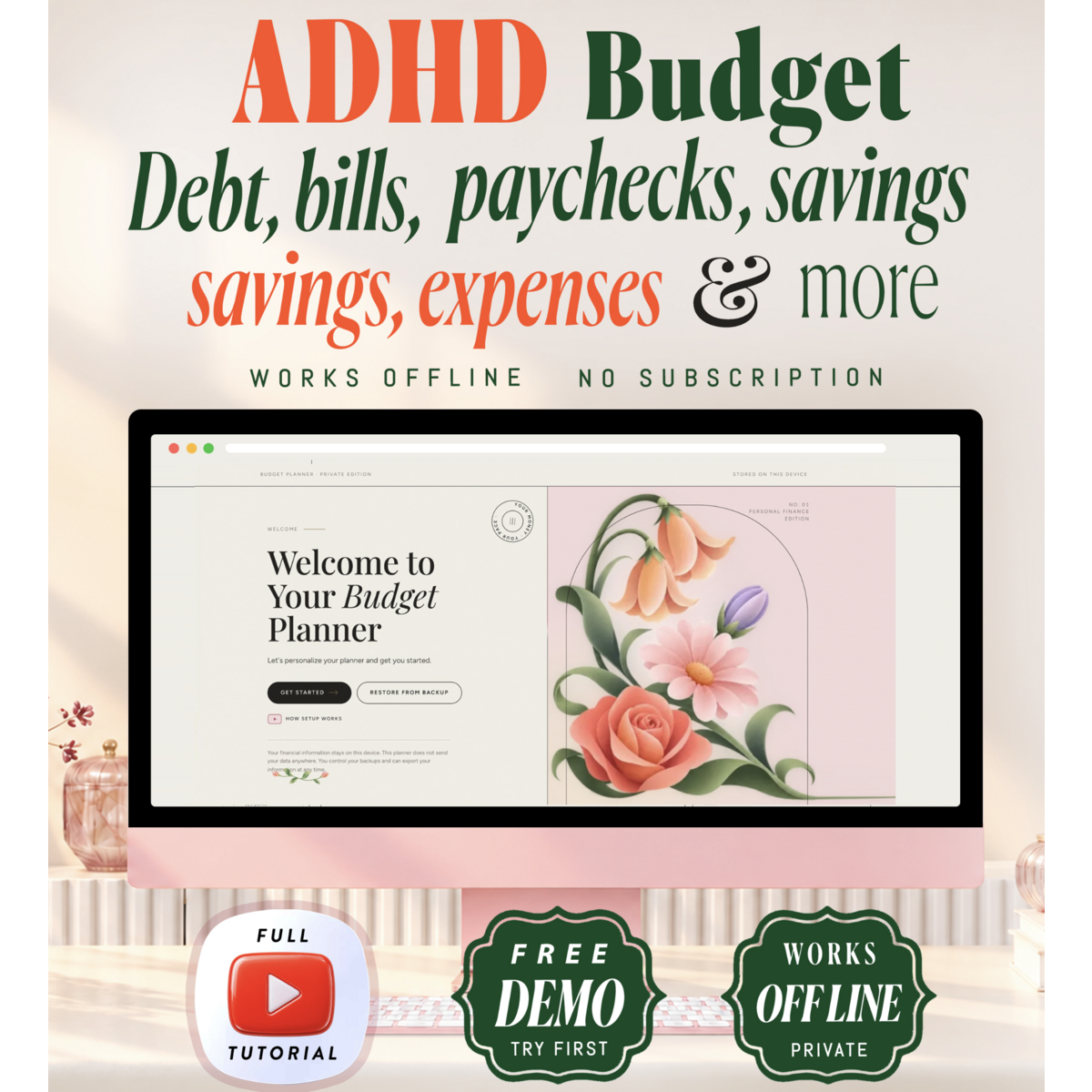ADHD Budget Planner App, Spreadsheet Alternative, Debt Payoff , Bill Tracker, Monthly Budget, Paycheck , Offline, No Subscription