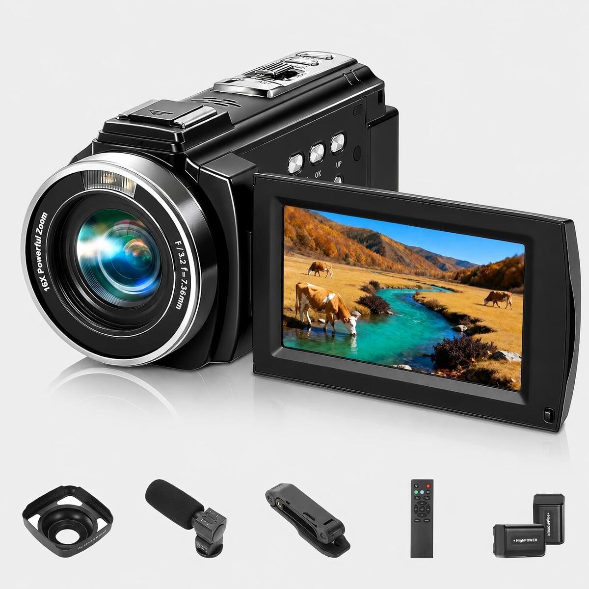 1080P Vlog Camcorder, 36MP, 16x Zoom, IR Night Vision, 3.0" Flip Screen, Mic & Dual Batteries