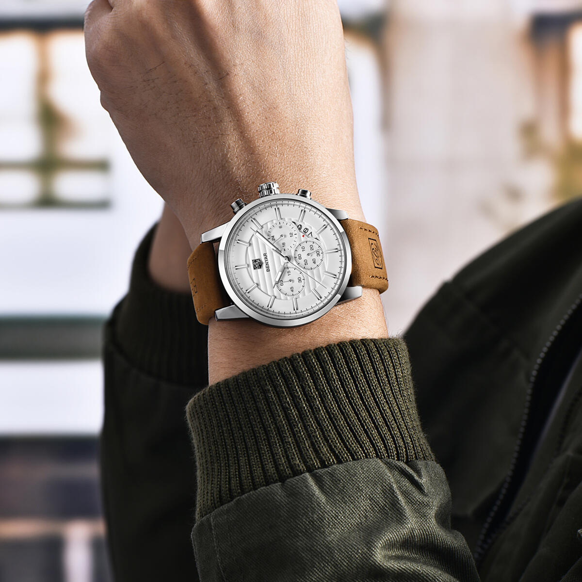 BENYAR Quartz Chronograph Waterproof Watches Business and Sport Design Leather Band Strap Wrist Watch for Men (Brown Silver White)
