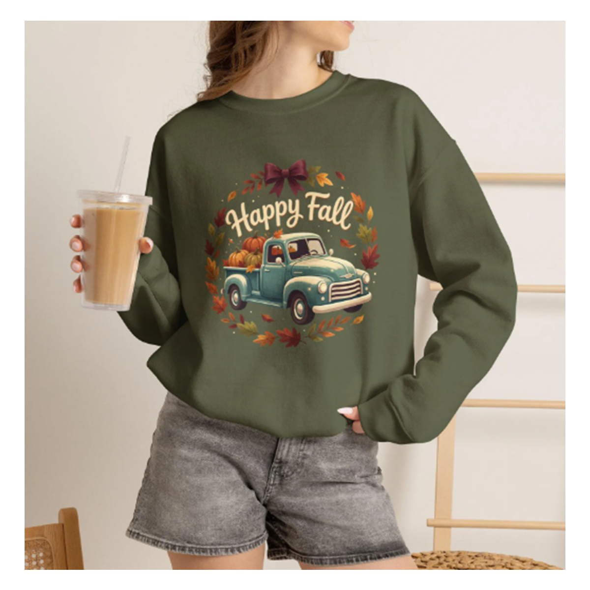 Vintage Green Truck with Pumpkins Sweatshirt | Fall Autumn Leaves Wreath
