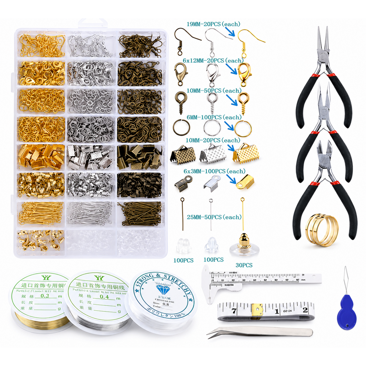 Jewelry Making Supplies Kit, Jewelry Findings Kit, Earring Making Kit with Jump Rings, Copper Wire, Jewelry Tools, Pliers, Clasps, DIY Beading Supplies Starter Kit