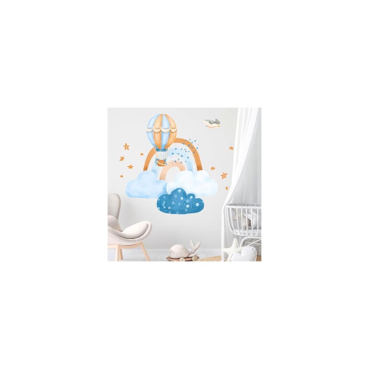 Ollaland Hot Air Balloon & Clouds Wall Decals - Peel and Stick Watercolor Rainbow D&eacute;cor for Baby Nursery, Toddler & Kids Bedroom Walls - Stars & Bird Wall Stickers