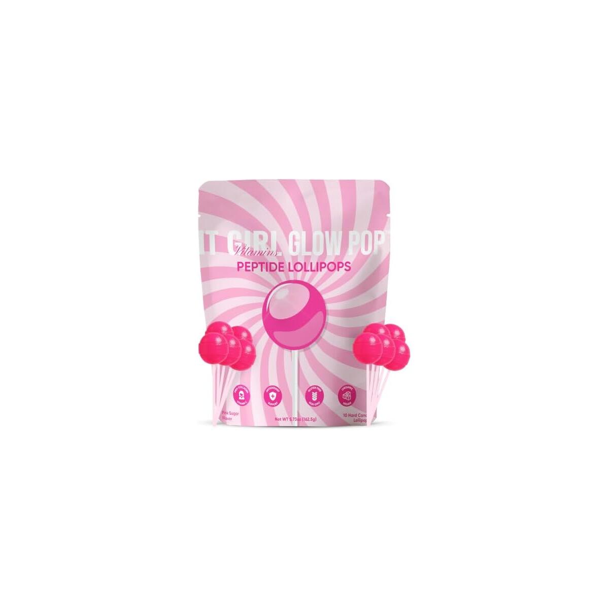 Collagen Peptide Lollipops for Women & Teens, Hair Skin & Nails Supplement with Hyaluronic Acid & Vitamin C, 7g Protein, Low Sugar Vegan Beauty Candy Pops for Glowing Skin & Healthy Hair, Pink Sugar