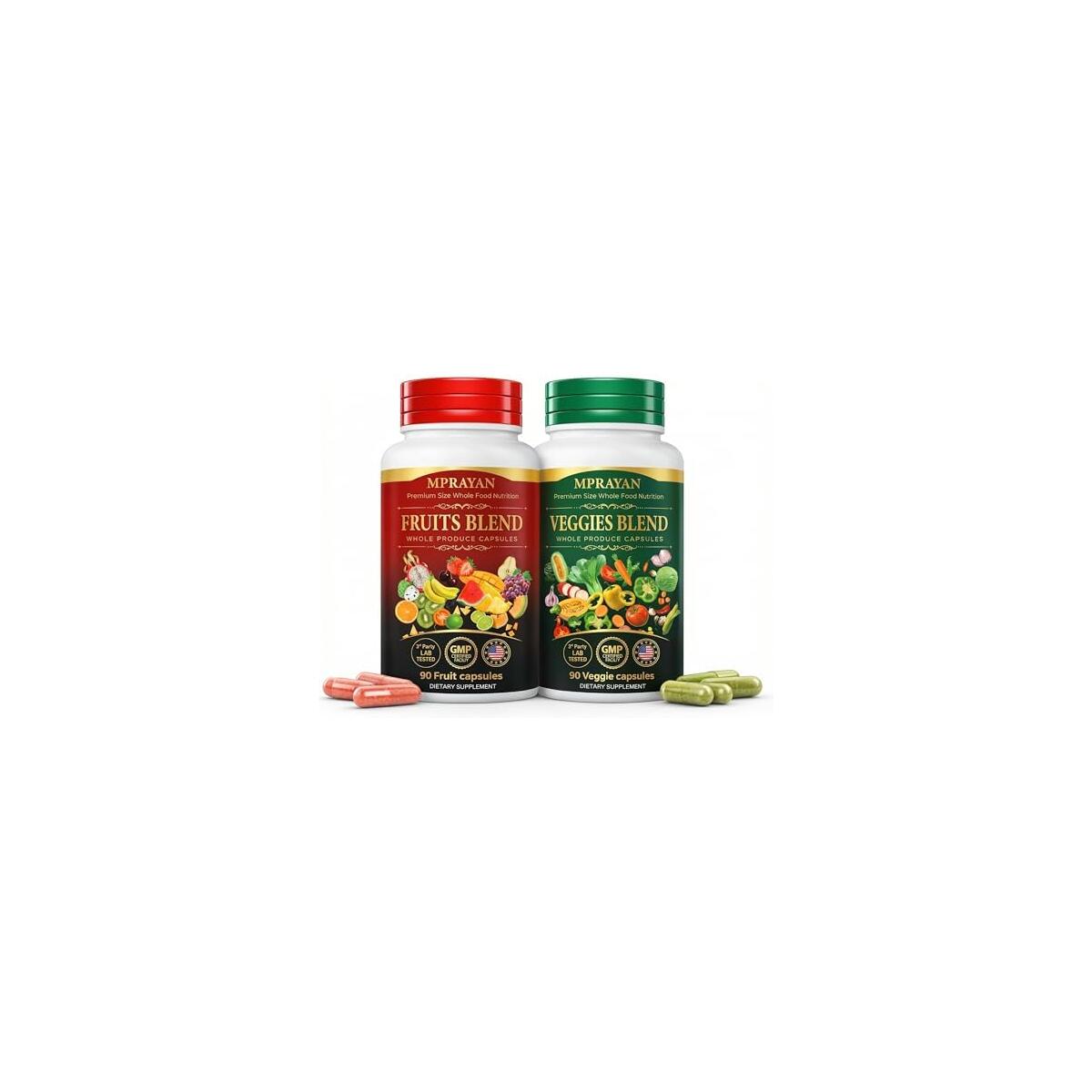 MPRAYAN Fruits & Veggies Whole Food Supplement &ndash; 90 Fruit + 90 Vegetable Capsules &ndash; Daily Superfood Blend with Vitamins, Minerals & Antioxidants &ndash; 180 Capsules