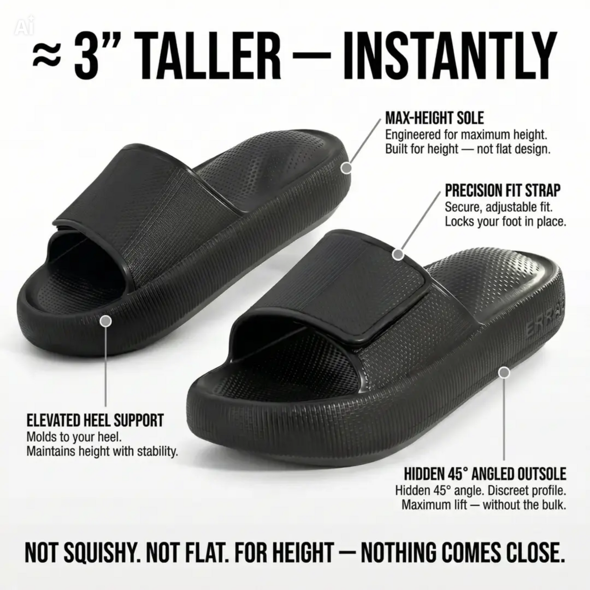 ERRAZ ICONIC Height Boosting Slides for Men 5'9" & Under &mdash; Up to &asymp;3&rdquo; Taller Instantly | Not Squishy. Not Flat. | Built for Maximum Height | One of the Tallest Available | Adjustable Strap | Height Advantage Anywhere. Pool,Beach, Indoors, Outdoors, Travel