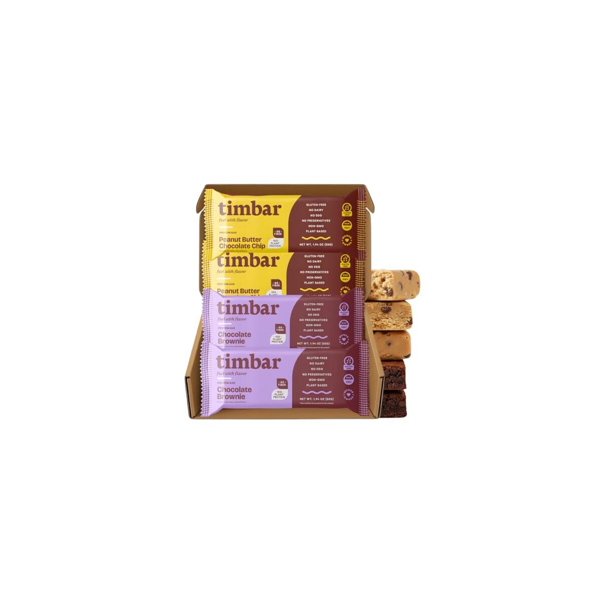 timbar Plant-Based Protein Bars | Peanut Butter Chocolate Chip & Chocolate Brownie | 15g Plant Protein, 8g Prebiotic Fiber | Gluten, Dairy & Egg Free, Non-GMO, No Sugar Alcohols (4 bars, sampler pack)