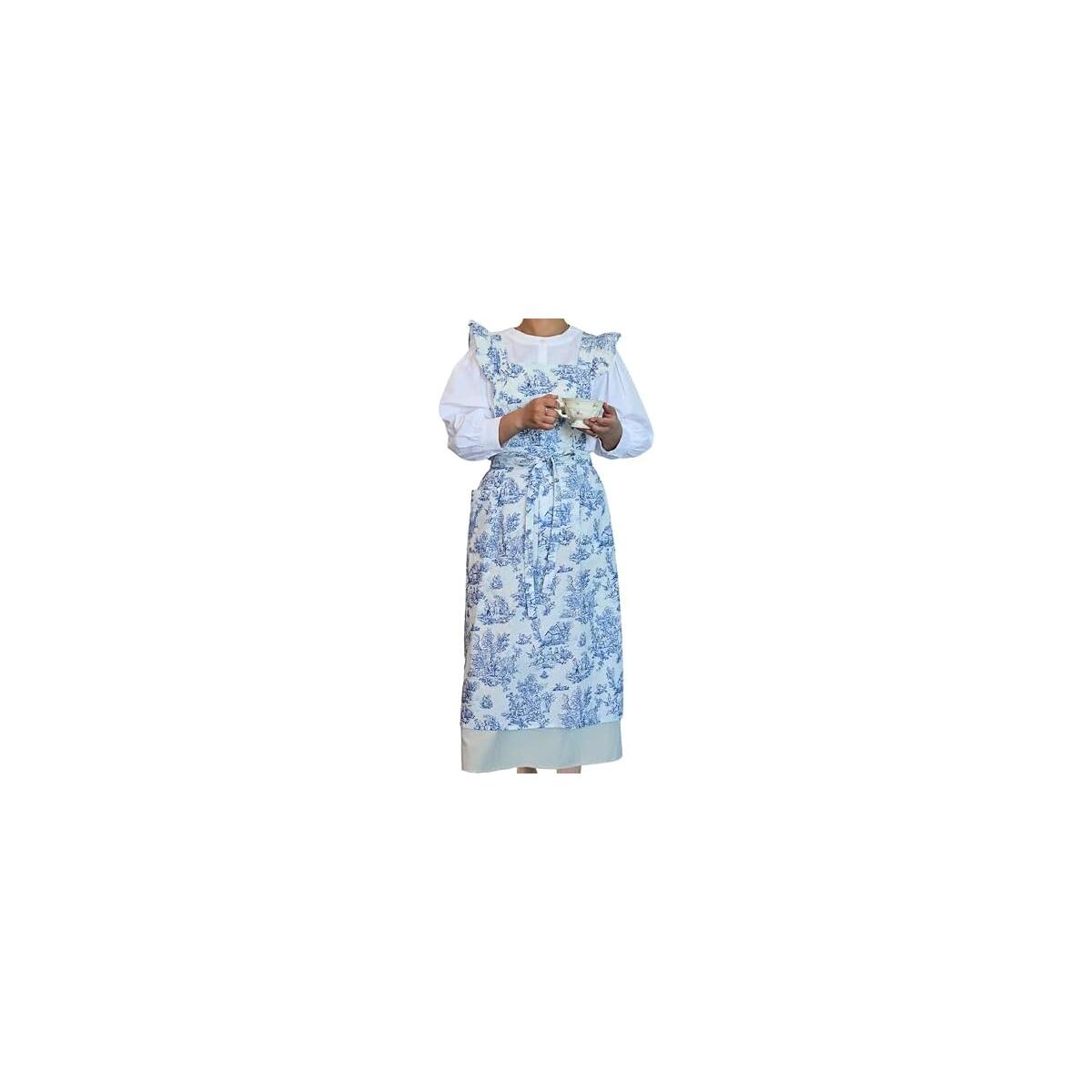 Toile Ruffle Apron for Women with Pockets
