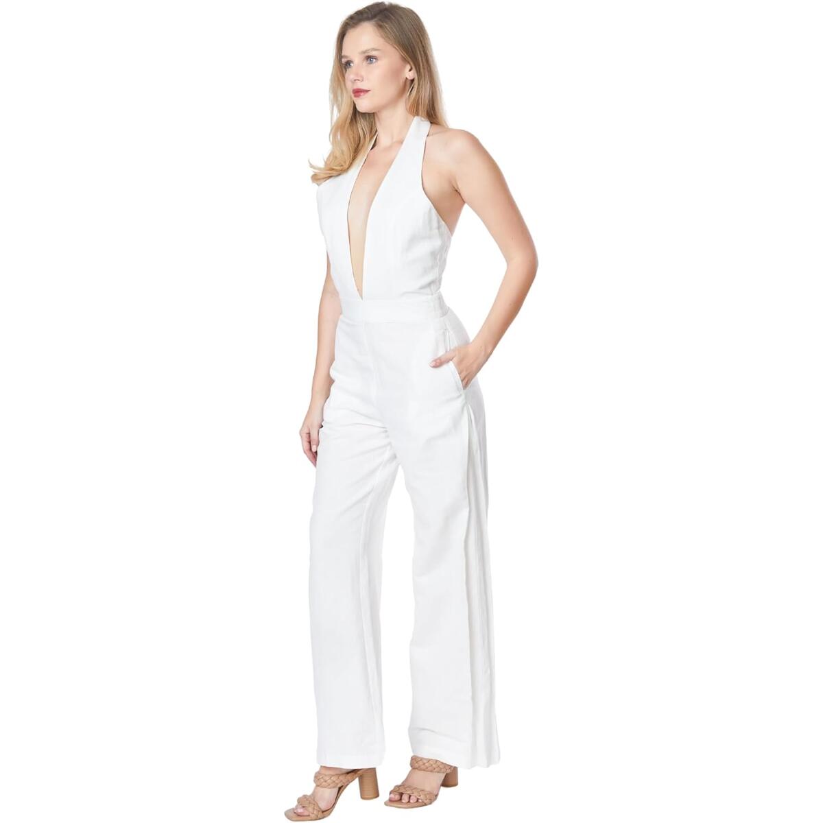 Women's Sleeveless V Neck Flare Leg Jumpsuit - White