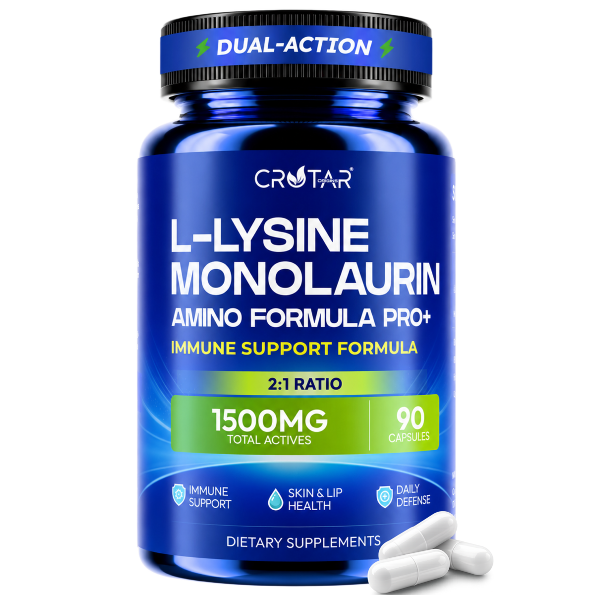 Crotar Lysine 1000mg Capsules with Monolaurin | Immune Support Supplement + Lip, Skin Support | Dual Action Essential Amino Acid Formula | Monolaurin and Lysine Supplement | 90 Capsules