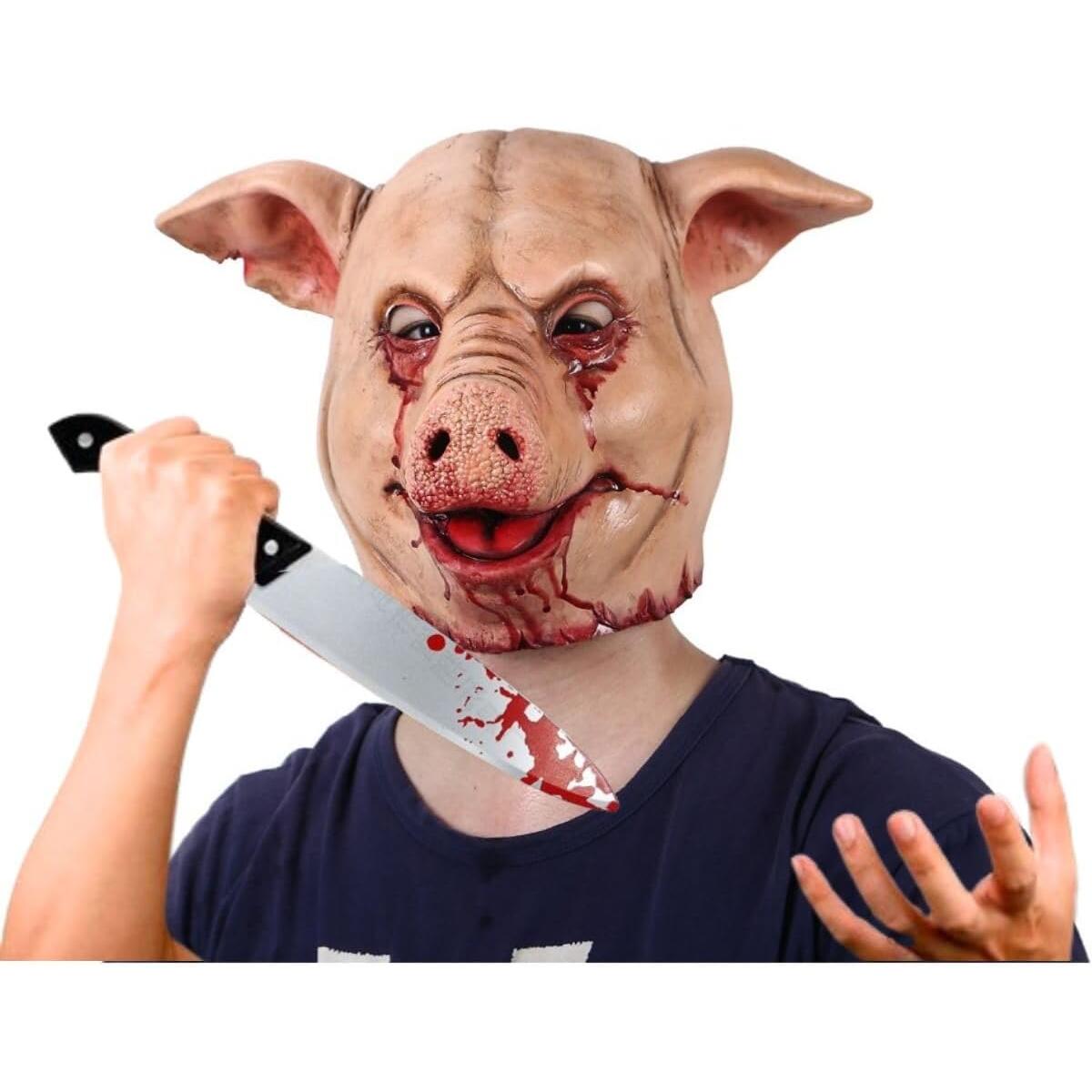 Halloween Scary Pig Face Mask & Blooy Knife, Pigg Man Butcher Pig Head Mask
