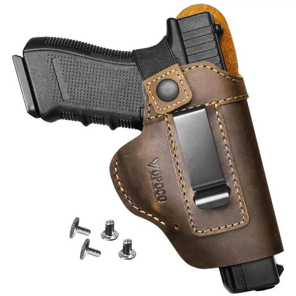 EIGIIS Premium Full-Grain Leather Unisex IWB Holster - Adjustable Concealment EDC Hunting Gear Belt-Pouch Carrier with Steel Clip, Adjustable Strap & High-Security Retention Strap, Fits Glock 19 43X Taurus G2C G3C Sig P365 Hellcat M&P Shield